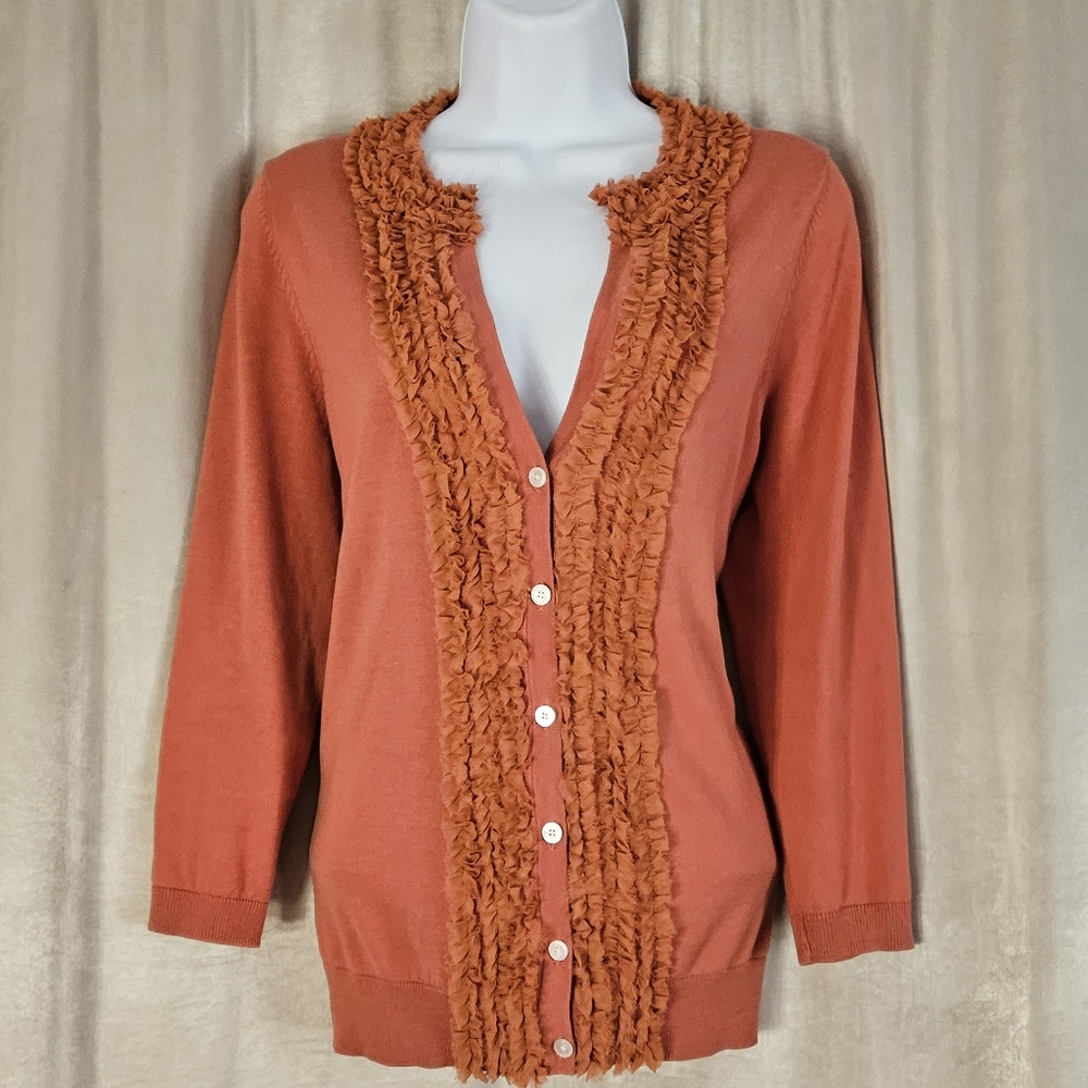 NWOT Talbots orange ruffled silk cotton cardigan sweater Womens Medium - Picture 7 of 7